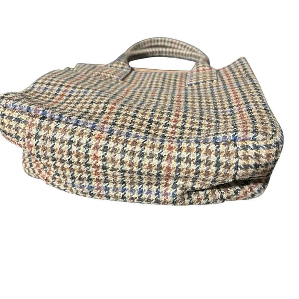 J Crew Handbag Tan Wool Blend Houndstooth Structured‎ Top Handle Purse Red